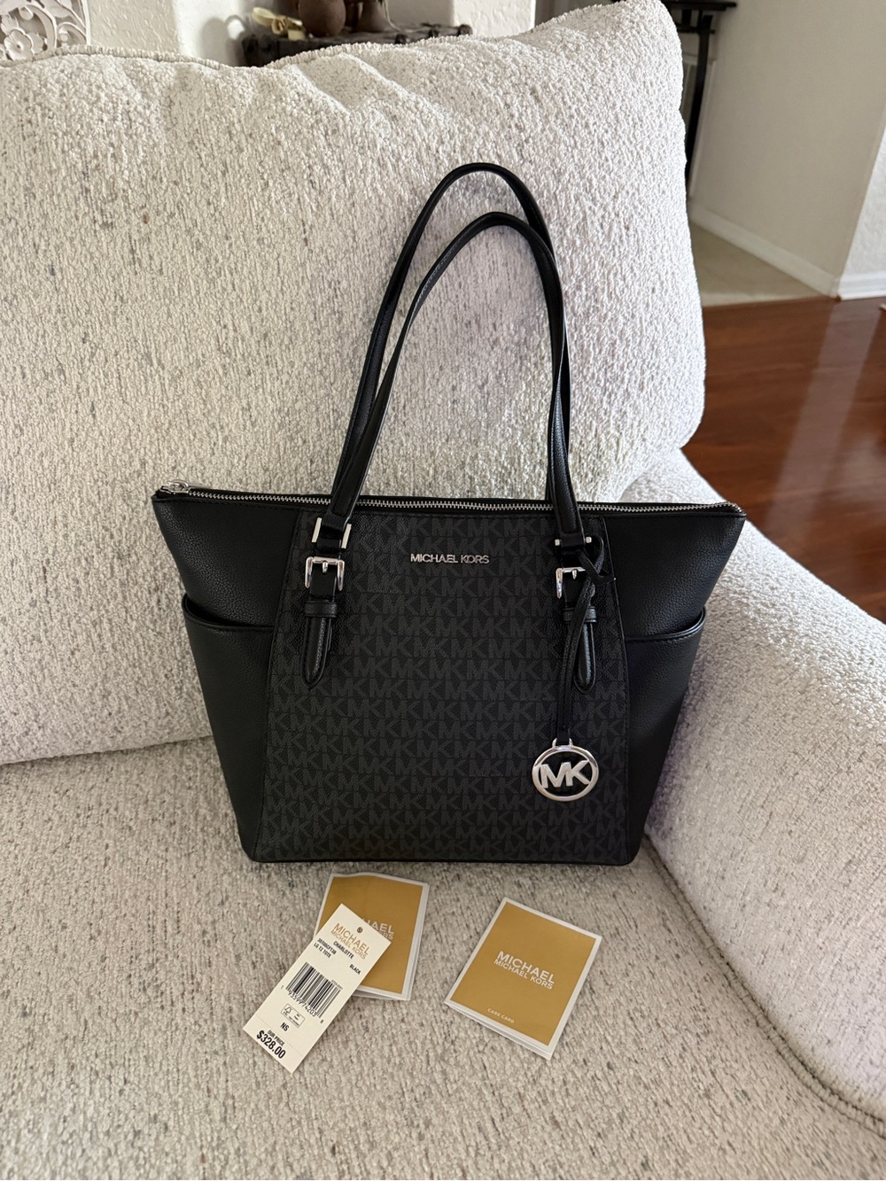 Michael Kors CHARLOTTE Black Logo Tote Bag with MK Charm